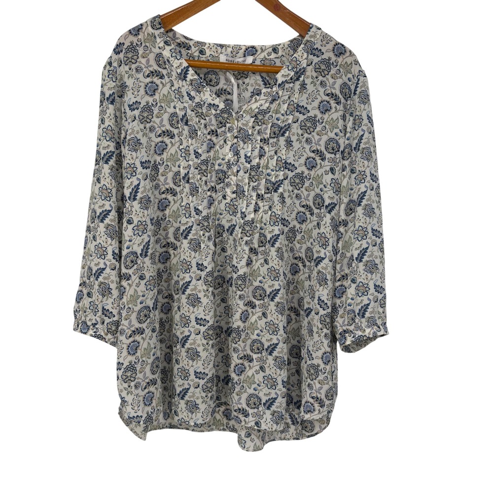 Rose + Olive Womens 1X Floral Pintuck V-Neck 3/4 Sleeve Blouse Cream Blue NWT - Picture 1 of 8